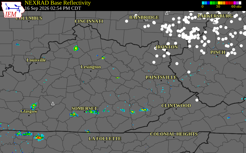 Current NEXRAD radar over Montgomery County, Kentucky with recent storm report locations