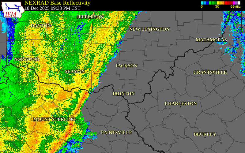 NEXRAD radar during the Thursday, December 18, 2025 storm activity in Morgan County, Kentucky