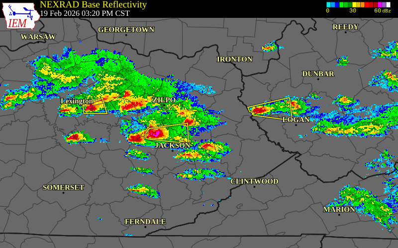 NEXRAD radar during the Thursday, February 19, 2026 storm activity in Morgan County, Kentucky