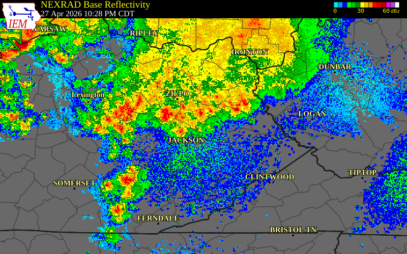 NEXRAD radar during the Monday, April 27, 2026 storm activity in Morgan County, Kentucky