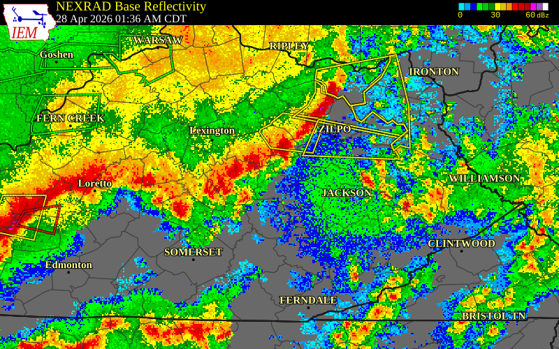 NEXRAD radar during the Tuesday, April 28, 2026 storm activity in Morgan County, Kentucky