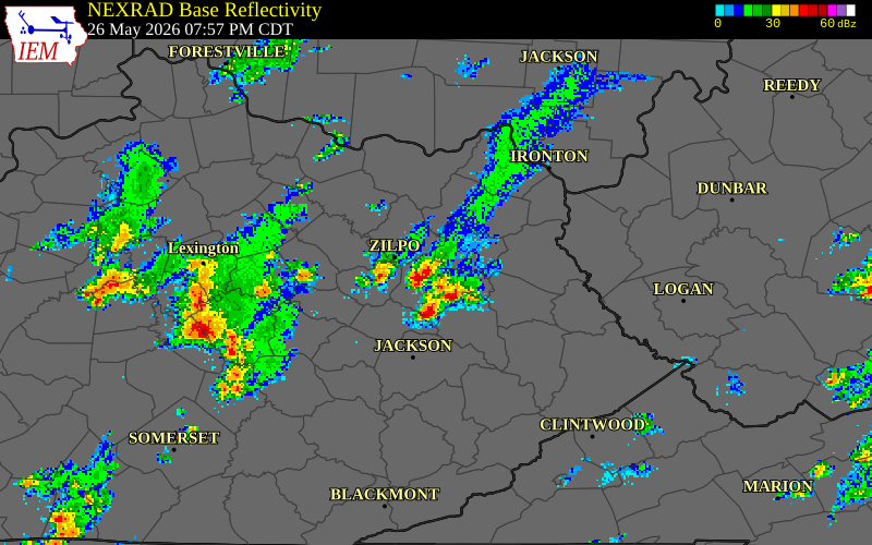 NEXRAD radar during the Tuesday, May 26, 2026 storm activity in Morgan County, Kentucky