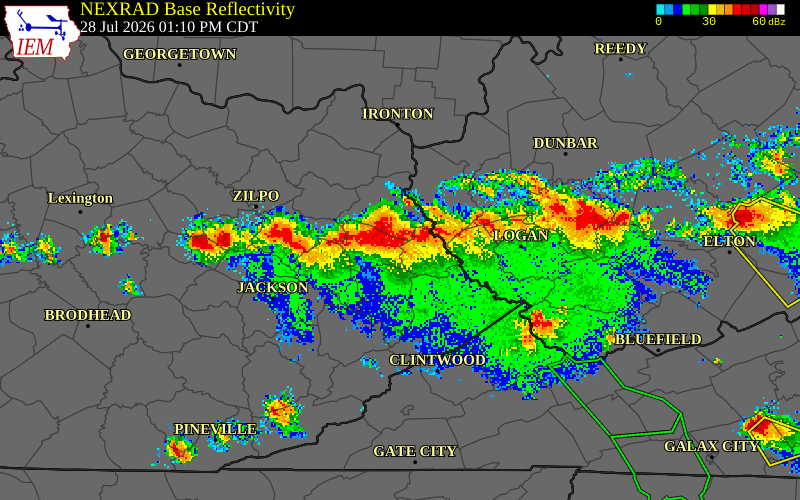 NEXRAD radar during the Tuesday, July 28, 2026 storm activity in Morgan County, Kentucky