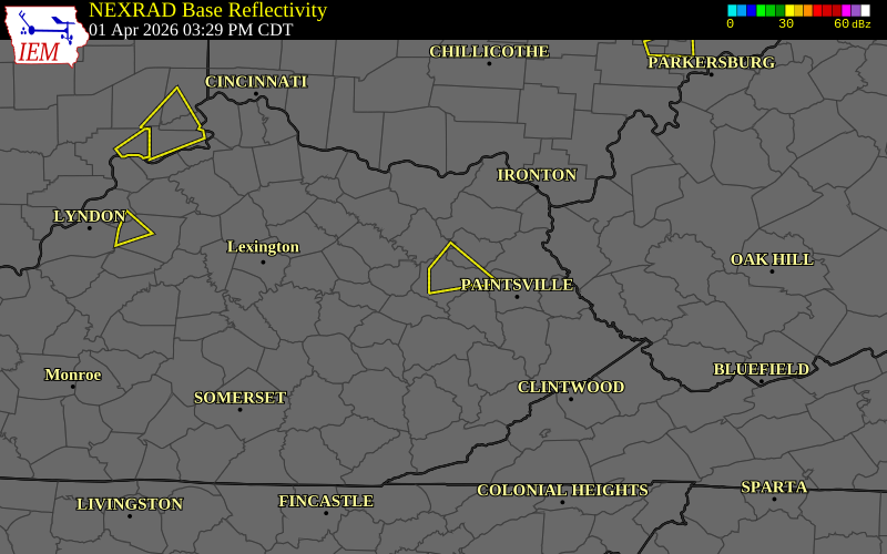 Radar snapshot during the Apr 1, 2026 hail event near 1 SSW Pomp, Morgan County, Kentucky, with NWS warning polygons