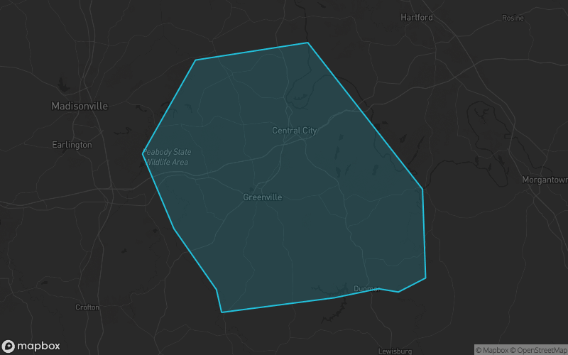 Map of Muhlenberg County, Kentucky showing the county boundary and surrounding cities
