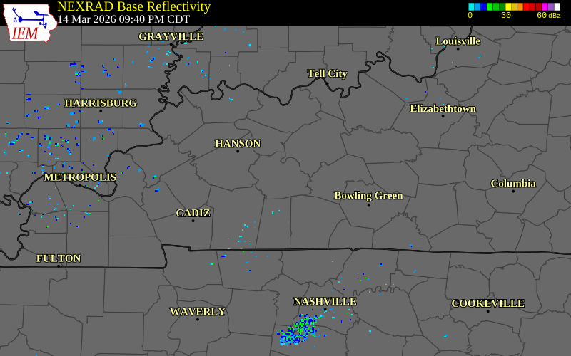 NEXRAD radar during the Saturday, March 14, 2026 storm activity in Muhlenberg County, Kentucky