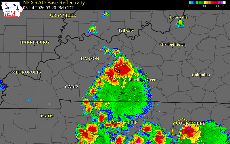 NEXRAD radar during the Friday, July 3, 2026 storm activity in Muhlenberg County, Kentucky
