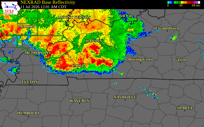 NEXRAD radar during the Saturday, July 11, 2026 storm activity in Muhlenberg County, Kentucky