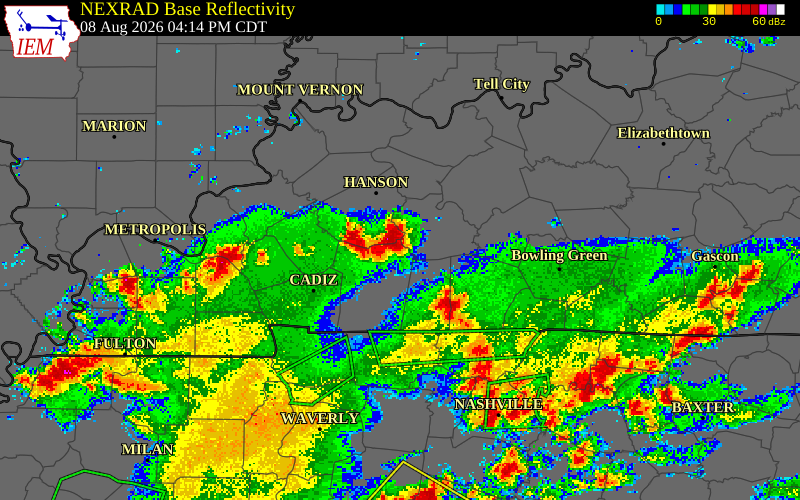 NEXRAD radar during the Saturday, August 8, 2026 storm activity in Muhlenberg County, Kentucky