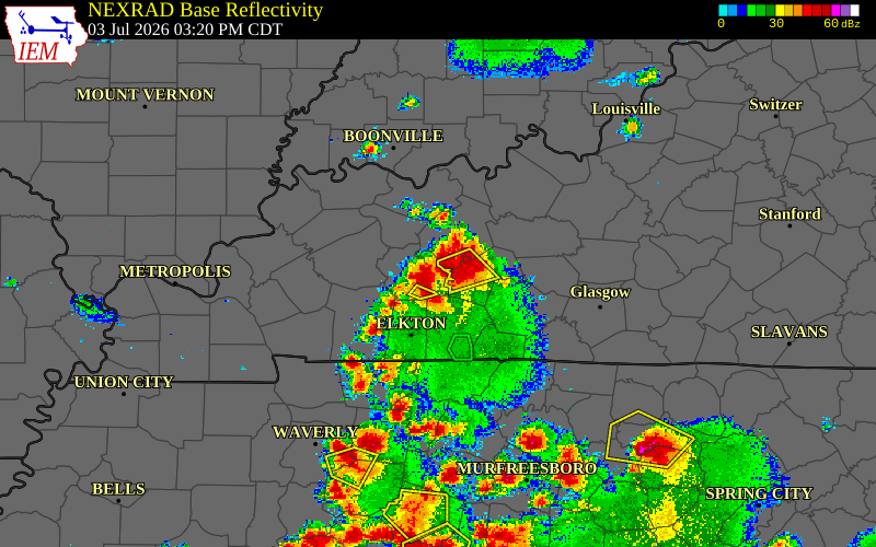 Radar snapshot during the Jul 3, 2026 wind event near Muhlenberg County, Muhlenberg County, Kentucky, with NWS warning polygons