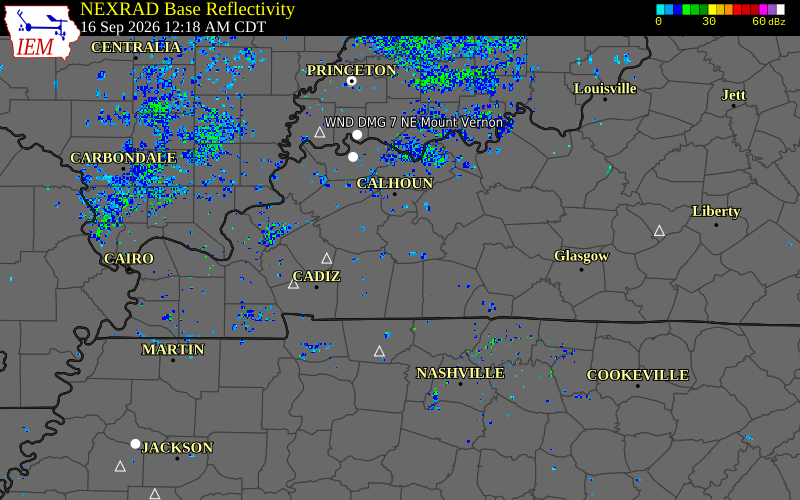 Current NEXRAD radar over Muhlenberg County, Kentucky with recent storm report locations