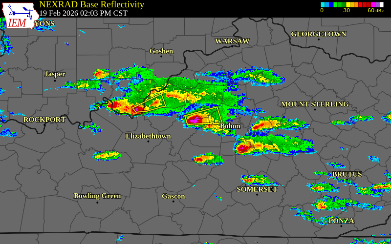 NEXRAD radar during the Thursday, February 19, 2026 storm activity in Nelson County, Kentucky