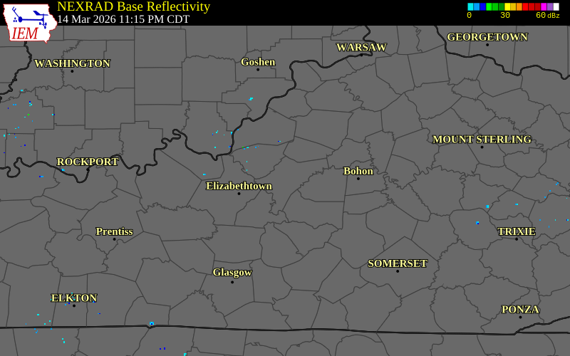 NEXRAD radar during the Sunday, March 15, 2026 storm activity in Nelson County, Kentucky