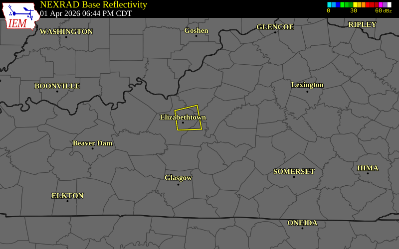 NEXRAD radar during the Wednesday, April 1, 2026 storm activity in Nelson County, Kentucky