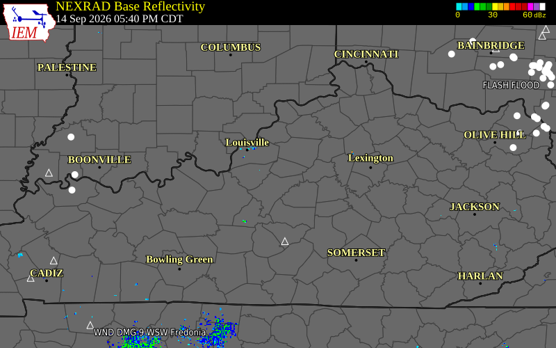 Current NEXRAD radar over Nelson County, Kentucky with recent storm report locations