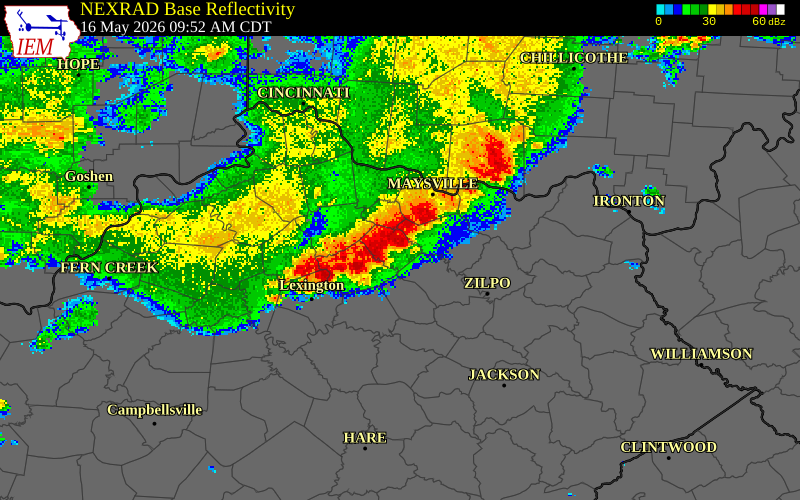 NEXRAD radar during the Saturday, May 16, 2026 storm activity in Nicholas County, Kentucky
