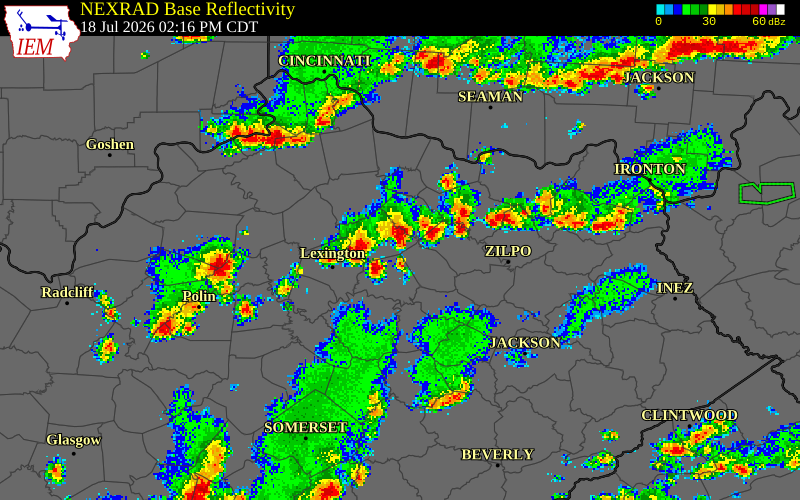 NEXRAD radar during the Saturday, July 18, 2026 storm activity in Nicholas County, Kentucky