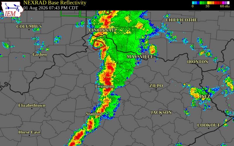 NEXRAD radar during the Saturday, August 1, 2026 storm activity in Nicholas County, Kentucky