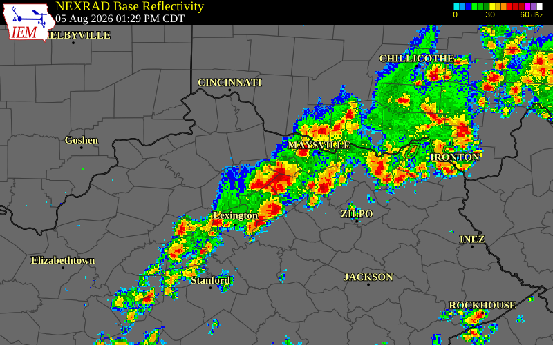 NEXRAD radar during the Wednesday, August 5, 2026 storm activity in Nicholas County, Kentucky