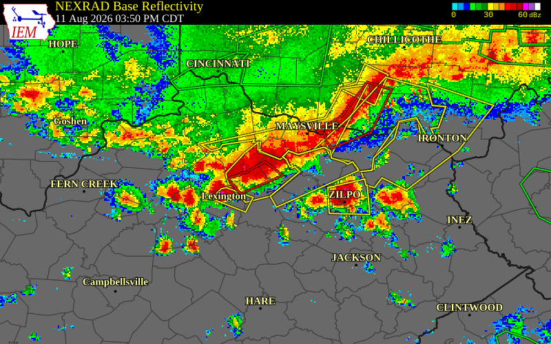 NEXRAD radar during the Tuesday, August 11, 2026 storm activity in Nicholas County, Kentucky