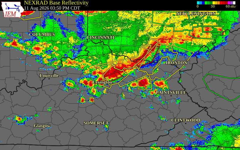 Radar snapshot during the Aug 11, 2026 wind event near Carlisle, Nicholas County, Kentucky, with NWS warning polygons