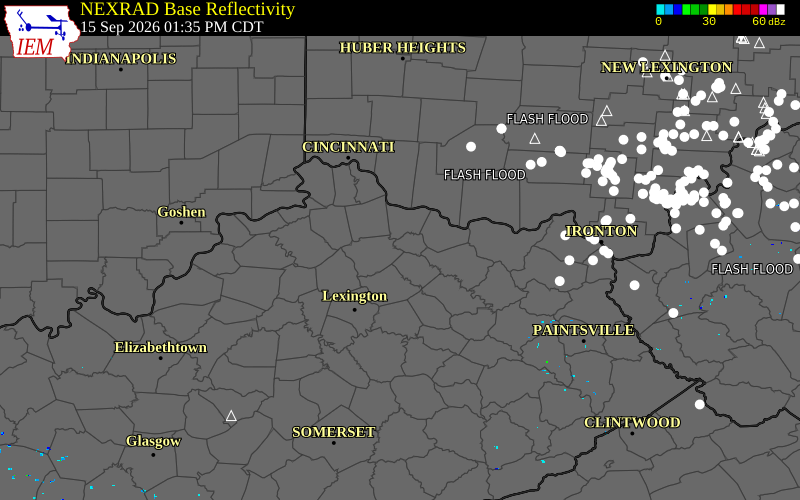 Current NEXRAD radar over Nicholas County, Kentucky with recent storm report locations