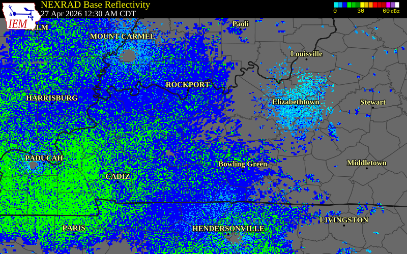 NEXRAD radar during the Monday, April 27, 2026 storm activity in Ohio County, Kentucky