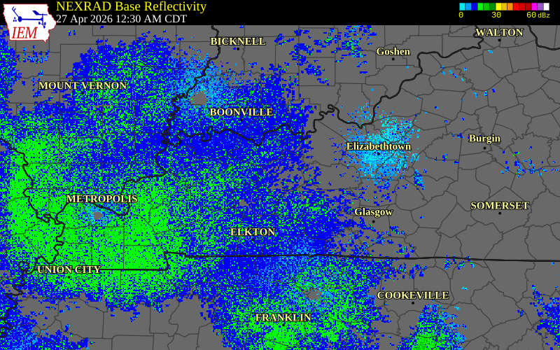 Radar snapshot during the Apr 27, 2026 tornado event near 2 NNE Hartford, Ohio County, Kentucky, with NWS warning polygons