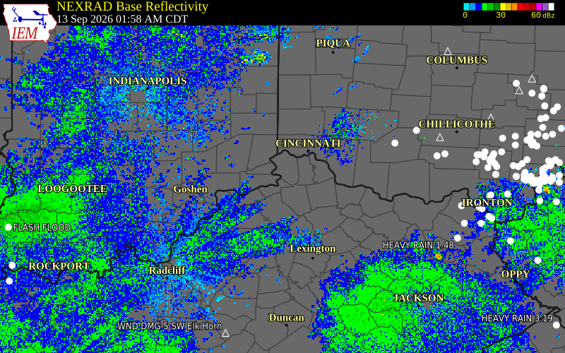 Current NEXRAD radar over Ohio County, Kentucky with recent storm report locations