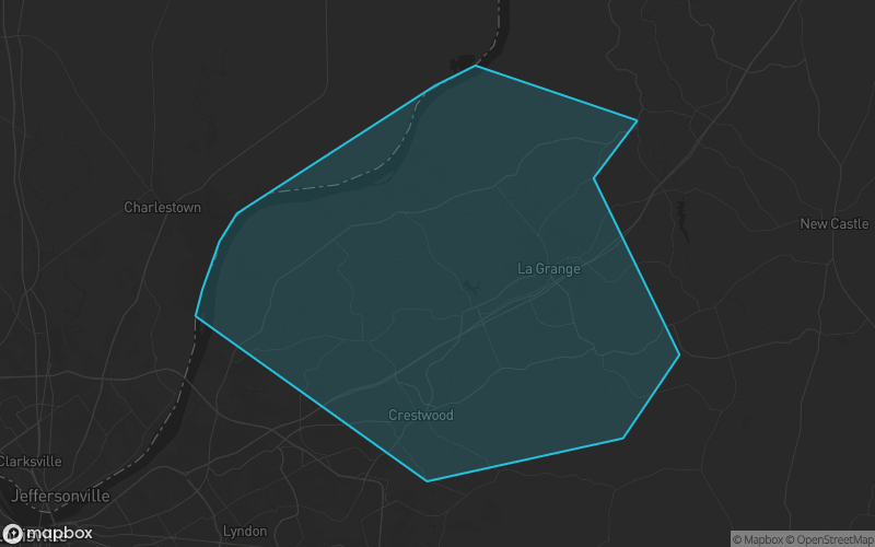 Map of Oldham County, Kentucky showing the county boundary and surrounding cities