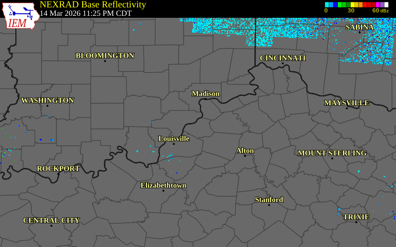 NEXRAD radar during the Sunday, March 15, 2026 storm activity in Oldham County, Kentucky
