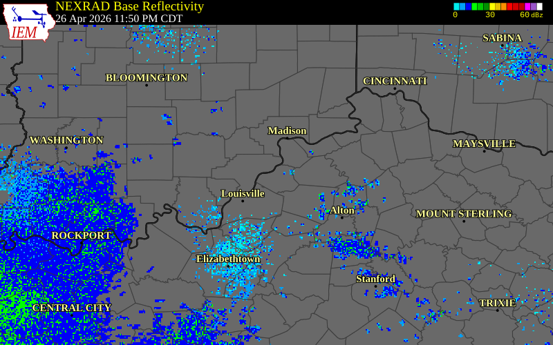 NEXRAD radar during the Monday, April 27, 2026 storm activity in Oldham County, Kentucky