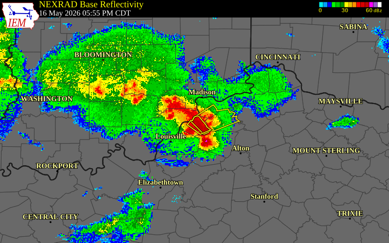 NEXRAD radar during the Saturday, May 16, 2026 storm activity in Oldham County, Kentucky