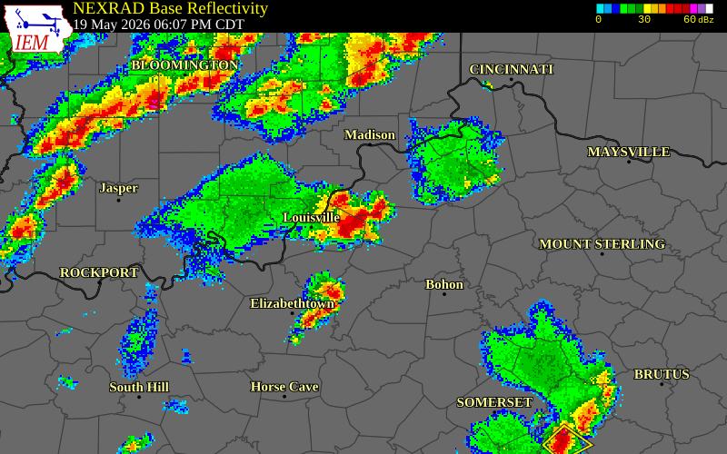 NEXRAD radar during the Tuesday, May 19, 2026 storm activity in Oldham County, Kentucky