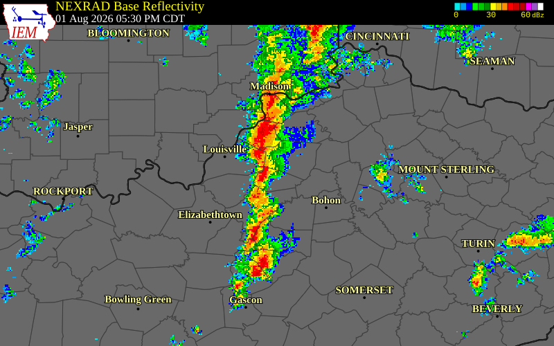 NEXRAD radar during the Saturday, August 1, 2026 storm activity in Oldham County, Kentucky