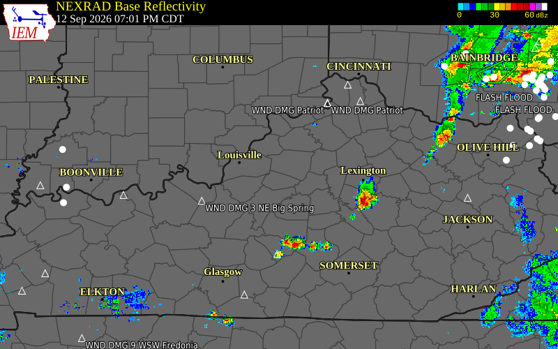 Current NEXRAD radar over Oldham County, Kentucky with recent storm report locations