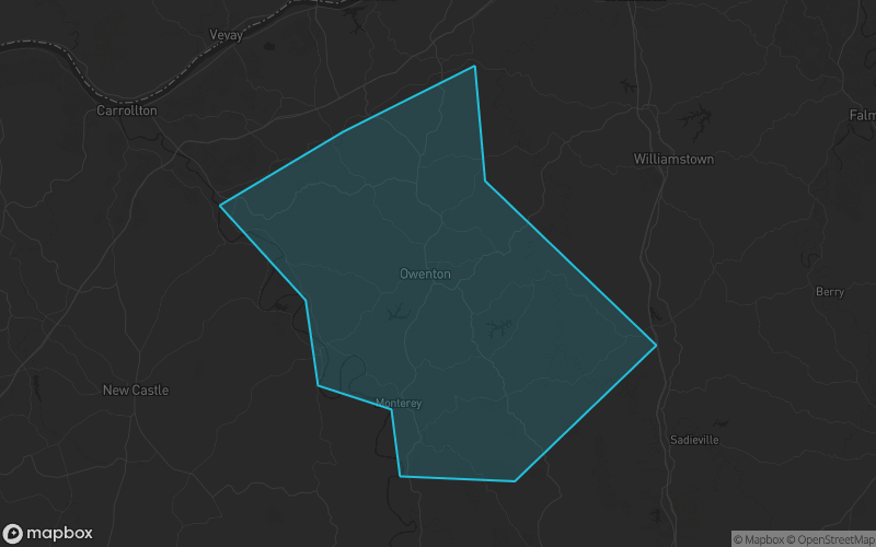 Map of Owen County, Kentucky showing the county boundary and surrounding cities
