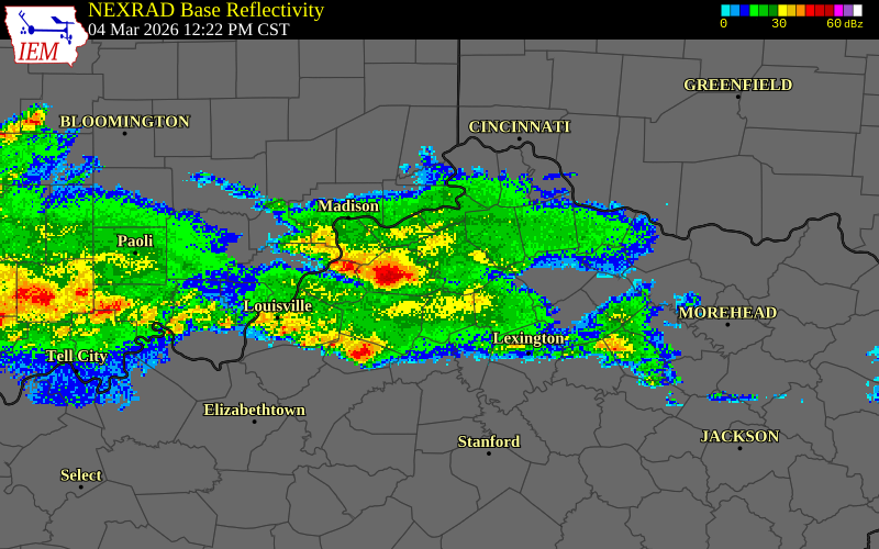 NEXRAD radar during the Wednesday, March 4, 2026 storm activity in Owen County, Kentucky