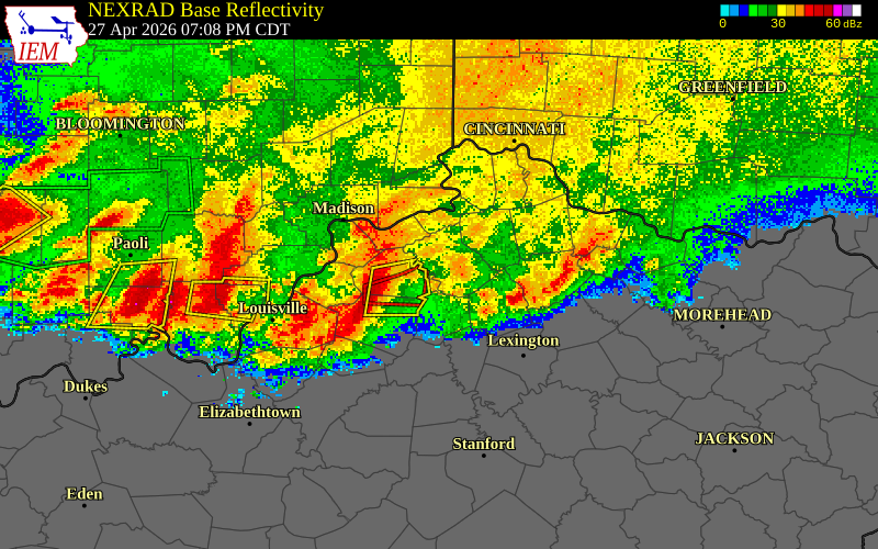 NEXRAD radar during the Monday, April 27, 2026 storm activity in Owen County, Kentucky
