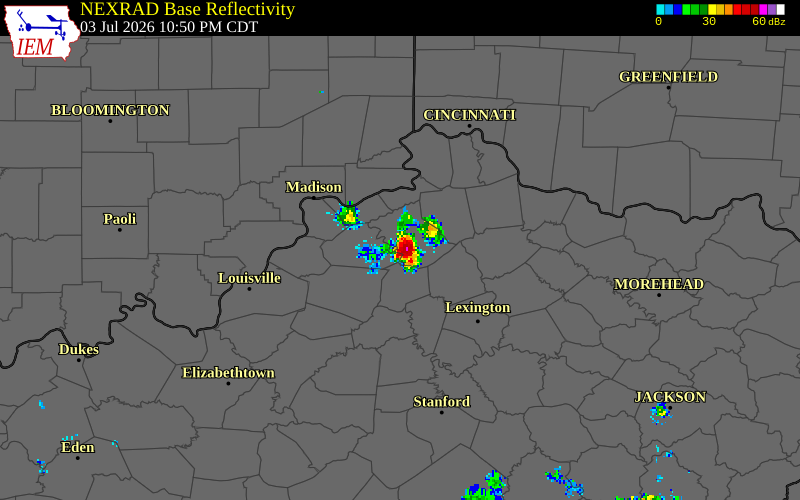 NEXRAD radar during the Friday, July 3, 2026 storm activity in Owen County, Kentucky