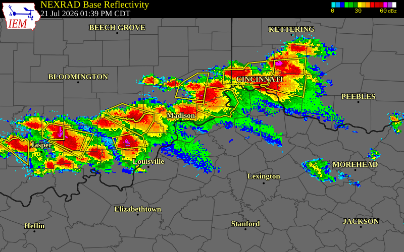 NEXRAD radar during the Tuesday, July 21, 2026 storm activity in Owen County, Kentucky