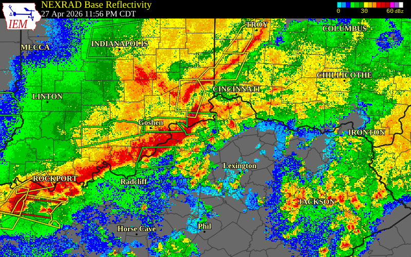 Radar snapshot during the Apr 28, 2026 wind event near Owen County, Owen County, Kentucky, with NWS warning polygons