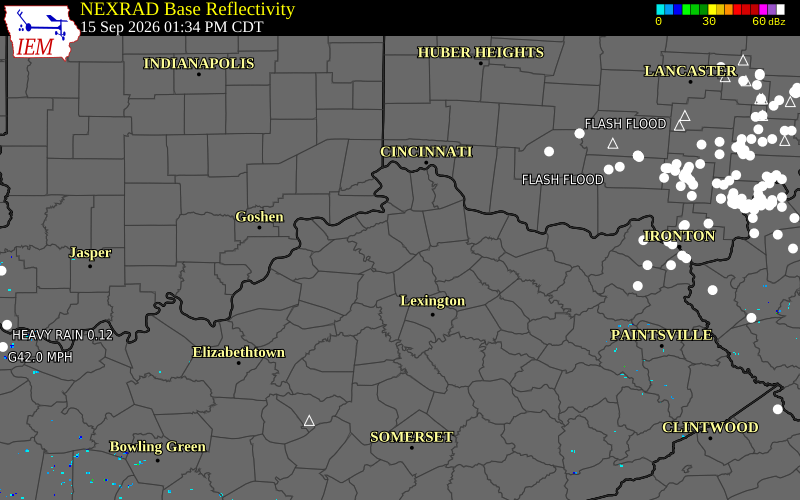 Current NEXRAD radar over Owen County, Kentucky with recent storm report locations