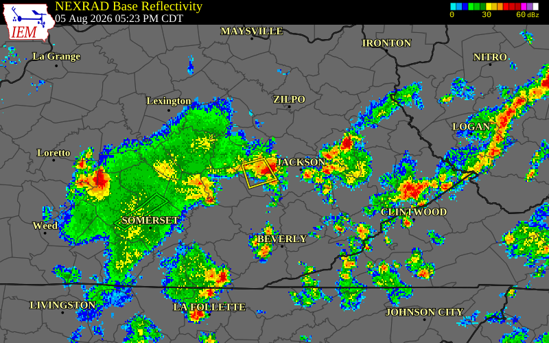 NEXRAD radar during the Wednesday, August 5, 2026 storm activity in Owsley County, Kentucky