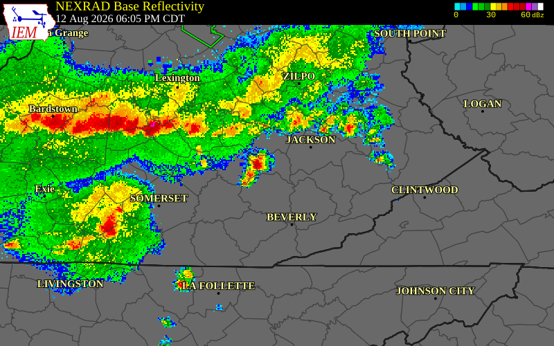 NEXRAD radar during the Wednesday, August 12, 2026 storm activity in Owsley County, Kentucky