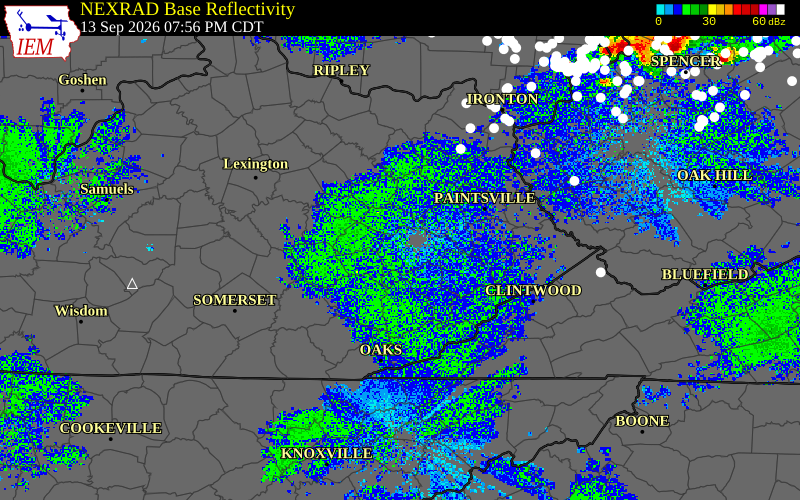 Current NEXRAD radar over Owsley County, Kentucky with recent storm report locations
