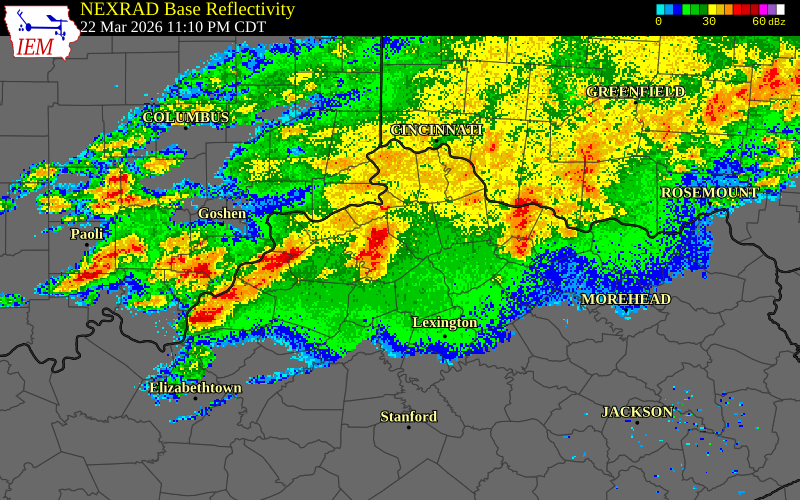 NEXRAD radar during the Monday, March 23, 2026 storm activity in Pendleton County, Kentucky