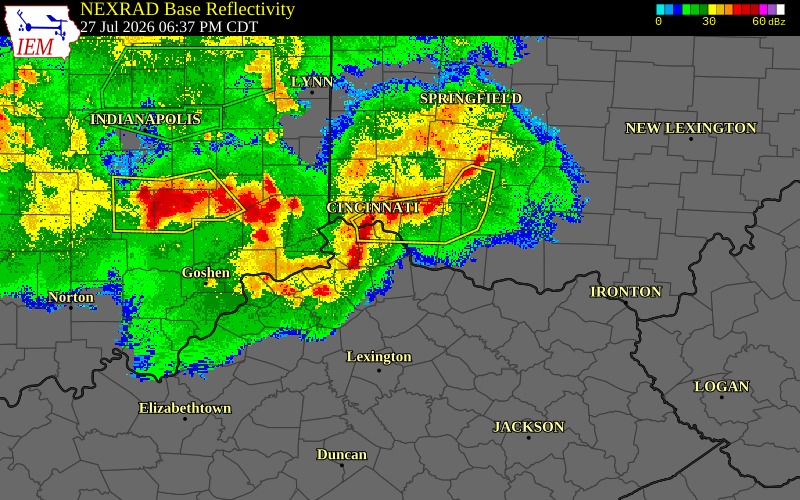 Radar snapshot during the Jul 27, 2026 wind event near Pendleton County, Pendleton County, Kentucky, with NWS warning polygons