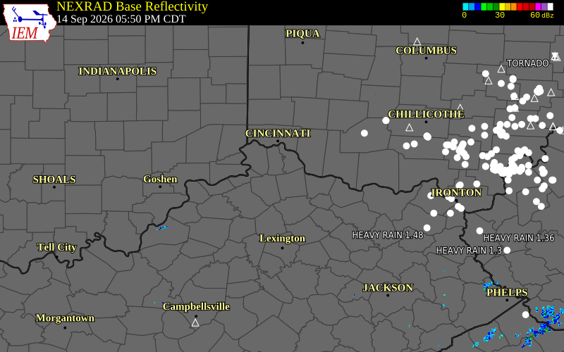 Current NEXRAD radar over Pendleton County, Kentucky with recent storm report locations