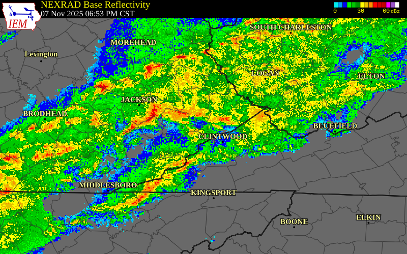 NEXRAD radar during the Friday, November 7, 2025 storm activity in Perry County, Kentucky